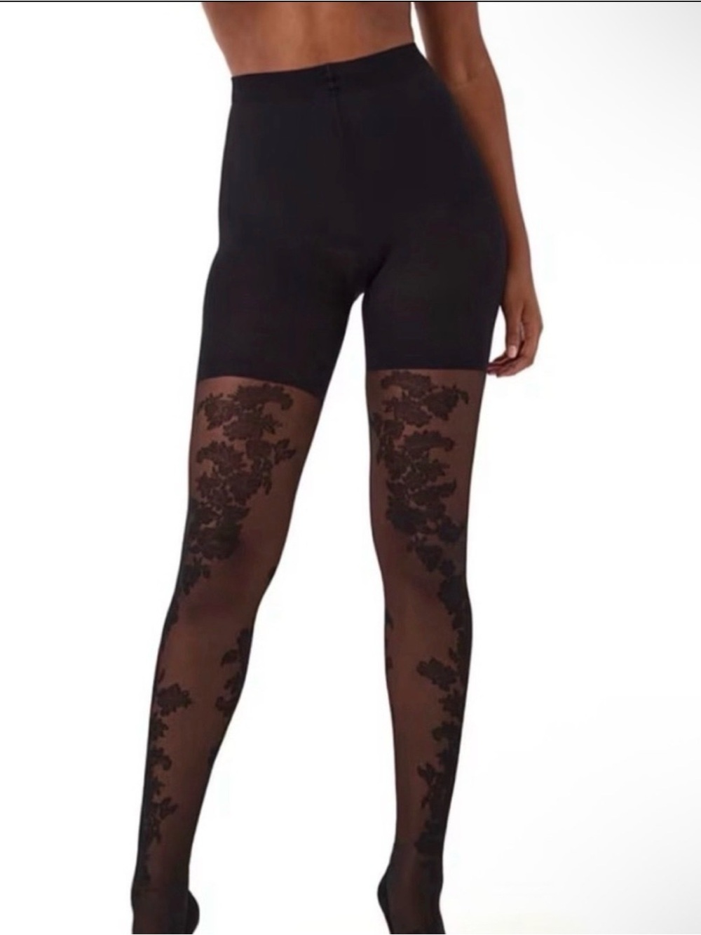 Spanx Tights Comfortable Shaper Semi Sheer Mesh Floral Tights Size B Very Black